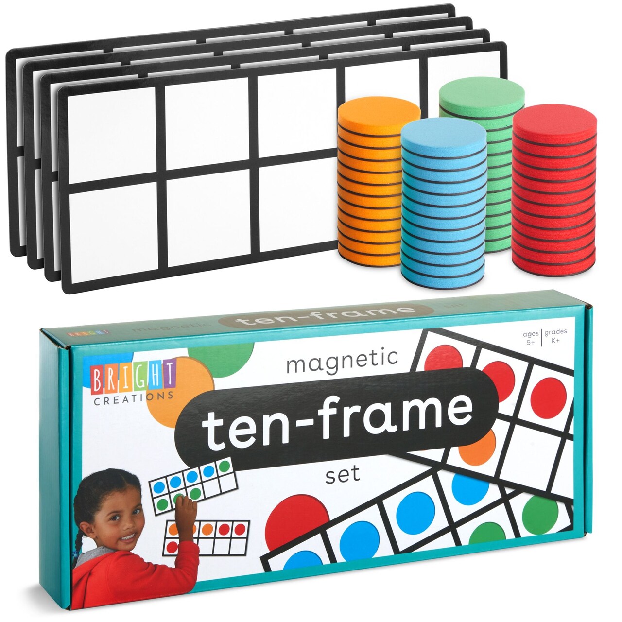 4 Pack Giant Magnetic Ten Frames with 48 Math Counters, Magnet Frame for Classroom Learning